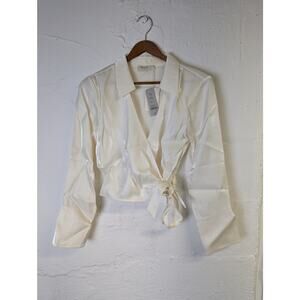 Neiwai Satin Wrap Shirt Womens 0 White Pearl Classic Cropped Bow Minimal New